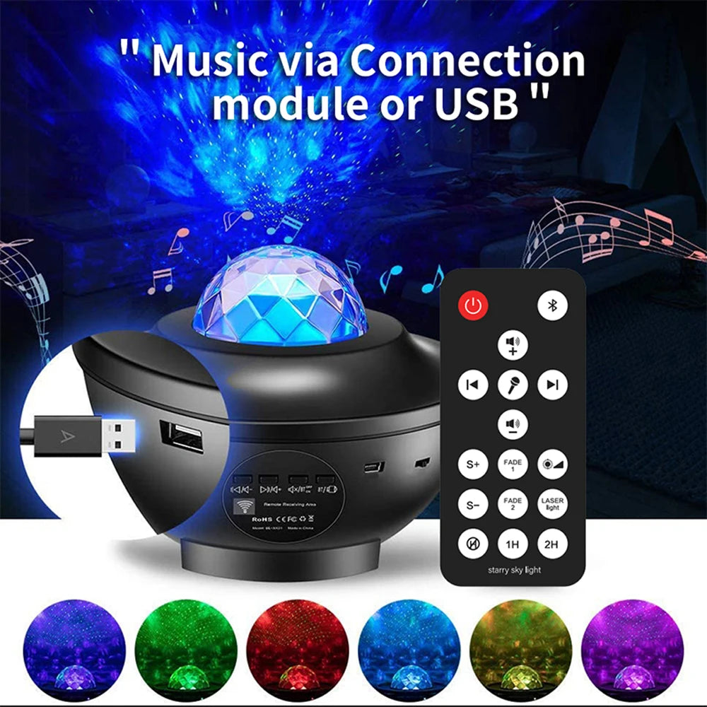 Music Player Starry Sky Projector Light LED Small Night Light USB Power Remote Control Ocean Wave Room Lighting Decoration Light