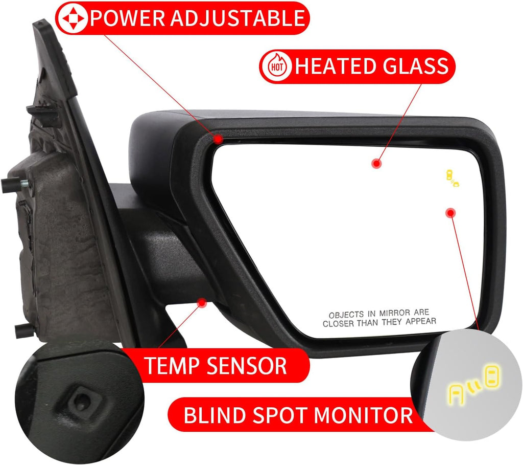 For Ford F150 Side Mirror Replacement Right Passenger for 2021-2025 F-150 Accessories 9 Pins Power Glass Turn & Temperature Sensor Heated Blind Spot Monitoring