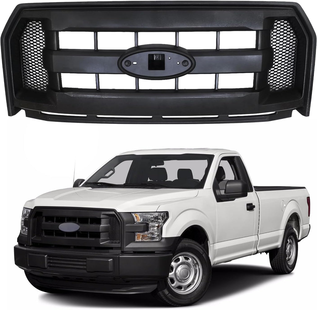 Front Bumper Grille Assembly Compatible with 2015 2016 2017 Ford F150 Centre Bumper Painted Black Housing and Insert Grille Assembly Shroud