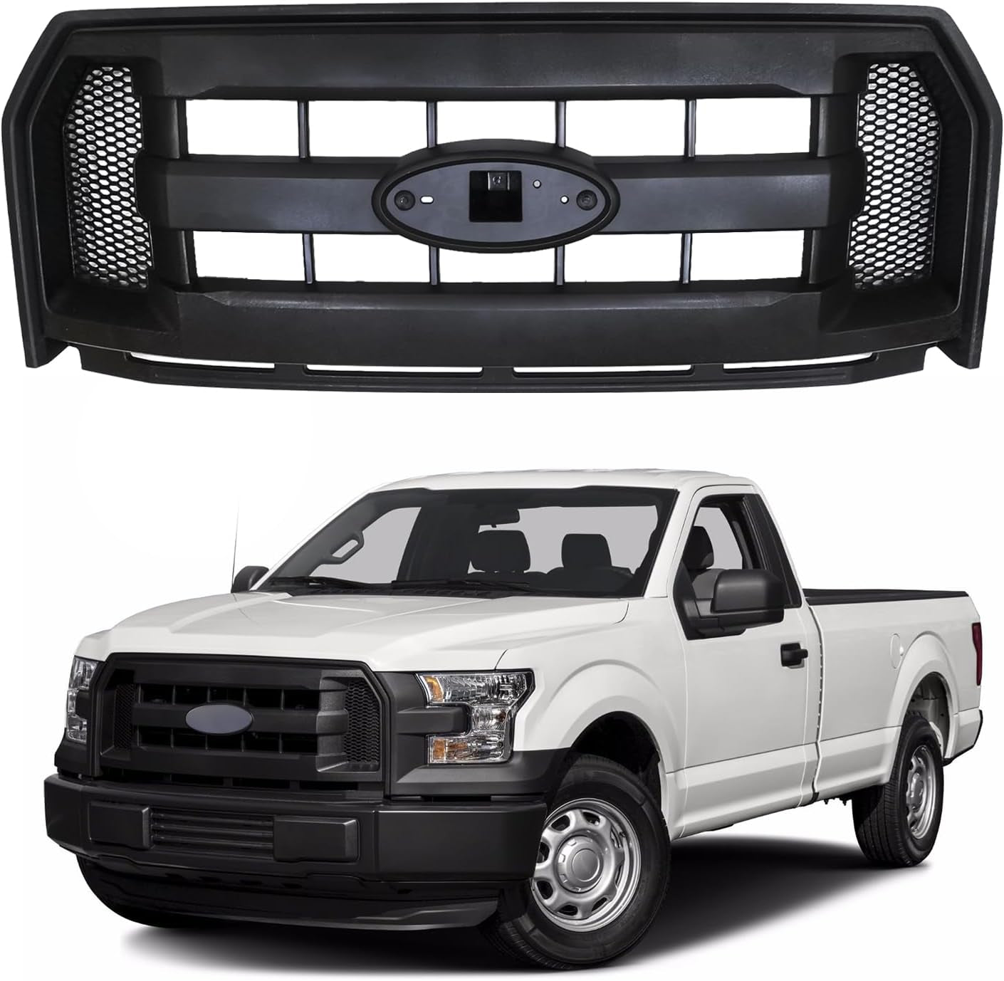 Front Bumper Grille Assembly Compatible with 2015 2016 2017 Ford F150 Centre Bumper Painted Black Housing and Insert Grille Assembly Shroud