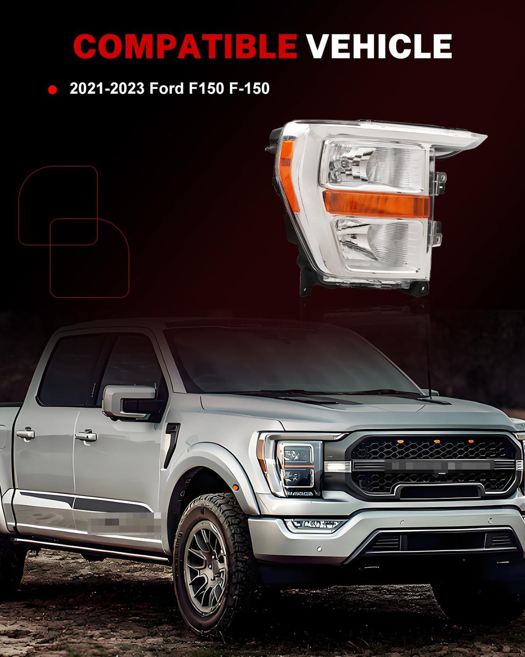 Headlight Assembly Compatible with Ford F150 F-150 2021 2022 2023, [Bulbs Included] Right/Passenger Side, Headlamp Replacement with Clear Lens