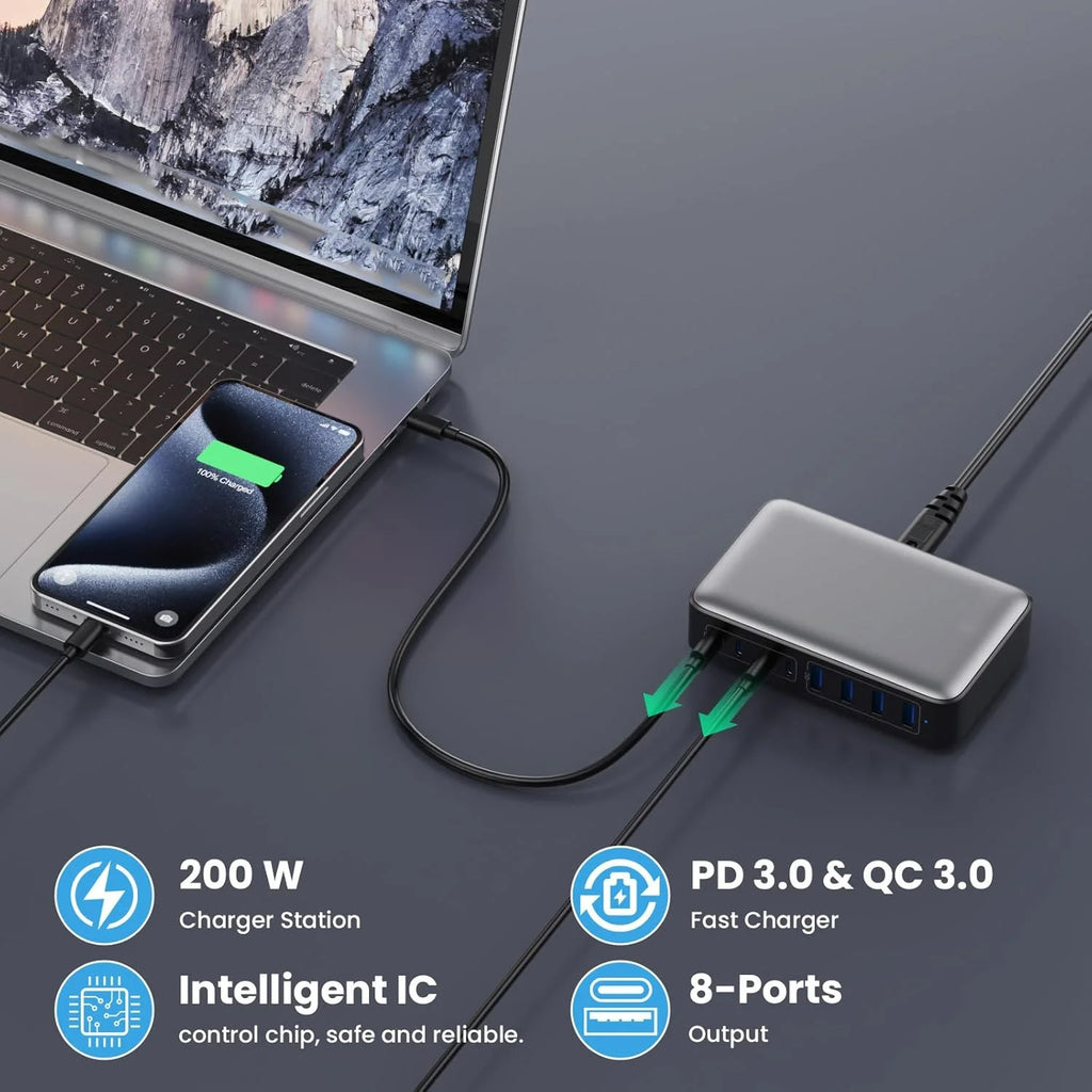 200W Fast Charging Station USB C Charger Block 8-Port Hub PD 65W Laptop Charger Adapter for Macbook,Dell, Iphone,Galaxy