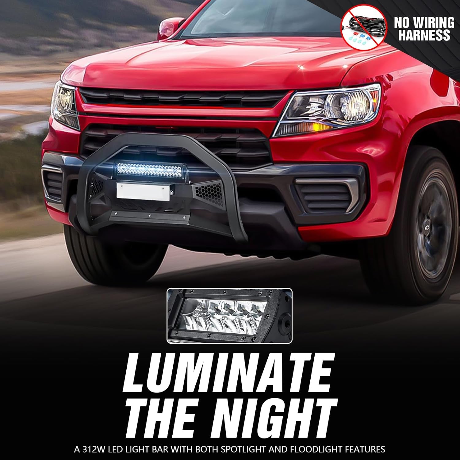 Bull Bar with LED Light & License Plate Frame Compatible with 2015-2022 Chevy Colorado & GMC Canyon Front Brush Guard, Truck Guard Grille, Bumper Push Bar (Include Light Mount & Skid Plate)
