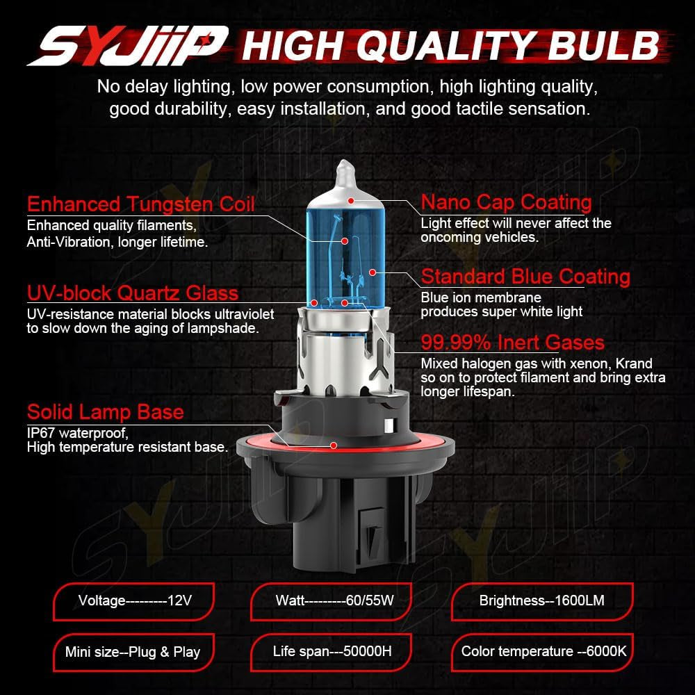 Upgraded Halogen Headlight Bulbs for Ford F150 2005 2006 2007 2008 2009 2010 2011 2012 2013 2014,For F250 F350 F450 2005-2022, High Low Beam+Fog Light, 6000K White, 300% Brightness, Plug N Play, 4 PCS
