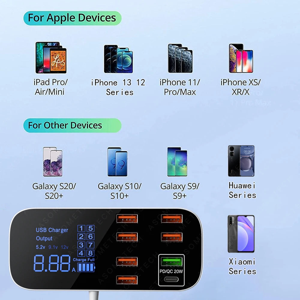 40W 8 Ports USB Car Charger QC3.0 PD Type C Fast Phone Charger with LED Display Multi USB Charger for Iphone 14 Android Samsung