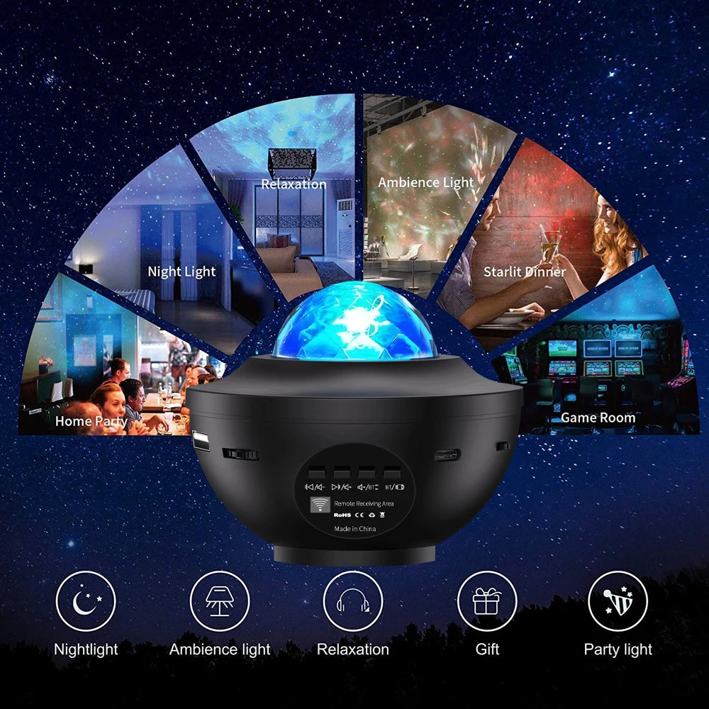 Music Player Starry Sky Projector Light LED Small Night Light USB Power Remote Control Ocean Wave Room Lighting Decoration Light