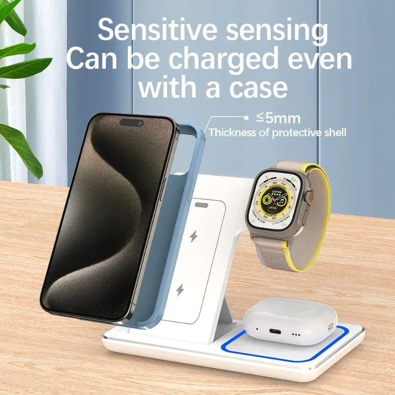 LED Fast Wireless Charger Stand 3 in 1 Foldable Charging Station for Iphone 17 16 15 Pro Max Apple Watch 9 8 7 6 5 Airpods Pro