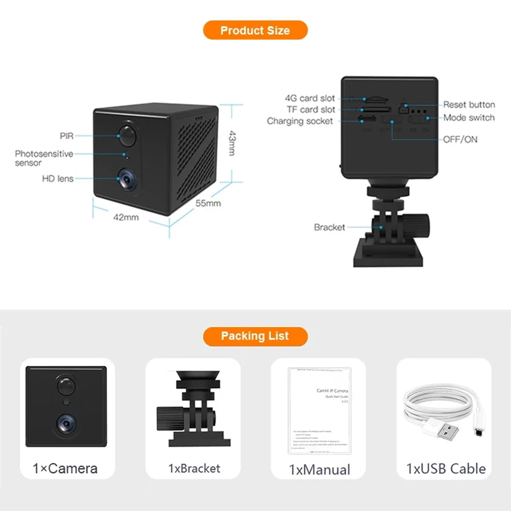 UHD 5MP 4G Sim Card Surveillance Security Mini Camera Rechargeable 3000Mah Low Power Surveillance Camera for Home Indoor
