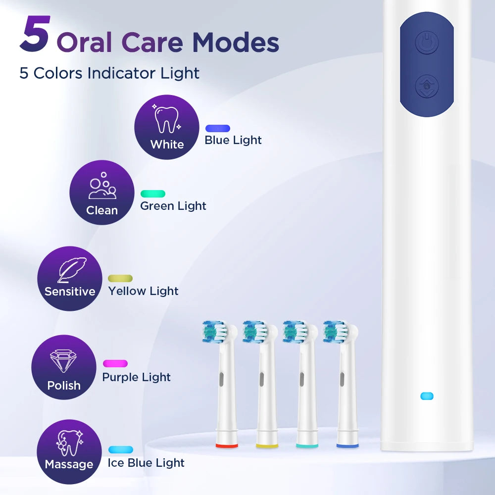 Smart Timer Rotating Electric Toothbrush, 5 Modes Teeth Cleaning Setting , Electric Teethbrush with 4 Teethbrush round Heads