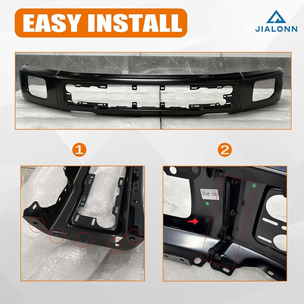Front Bumper Face Bar Compatible with 2015-2017 Ford F-150 F150 with Fog Light Cutout Hole Replacement for FO1002424 FL3Z17757FPTM | 3 Piece Design Black