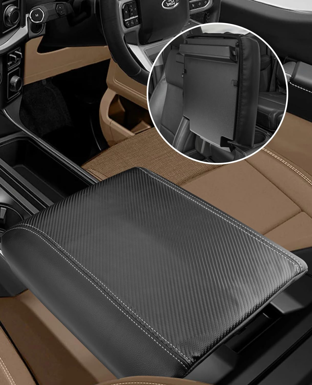 Center Console Cover for 2025 2026 Ford F150 Accessories Interior 2021 2022 2023 2024 Car Middle Arm Rest Armrest Lid Seat Cover Protector Elbow Cushion Pad (Carbon Fiber Texture, 2021-2026)