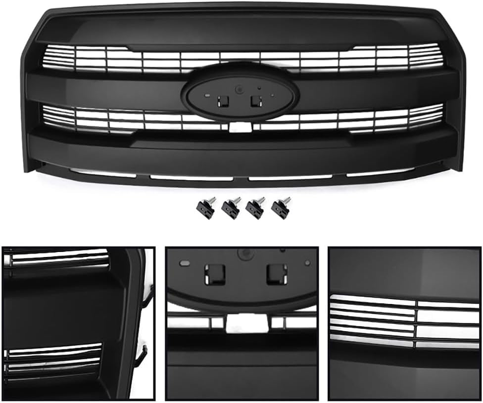 Front Grill Grille Fits 2015-2017 Ford F150 Lariat Style Matte Black Mesh W/Camera Hole Replace for FL3Z8200GA