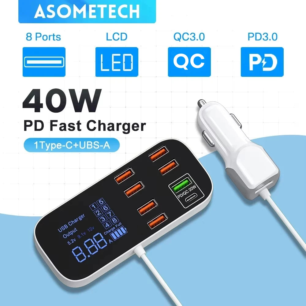 40W 8 Ports USB Car Charger QC3.0 PD Type C Fast Phone Charger with LED Display Multi USB Charger for Iphone 14 Android Samsung