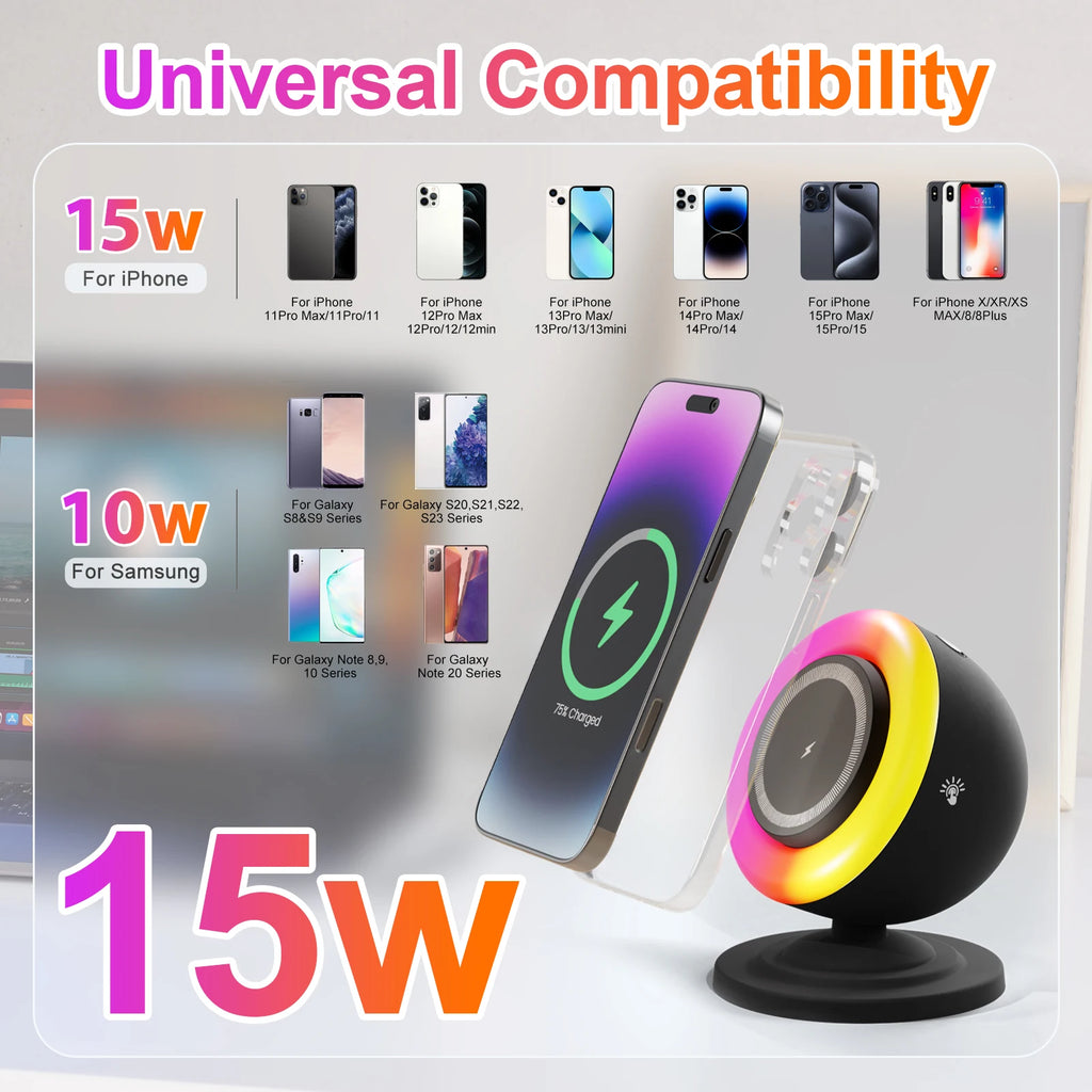15W Magnetic Wireless Chargers 3 in 1 Phone Charge Dock Station Fast Charging Bluetooth Lighting for Magsafe Iphone Samsung