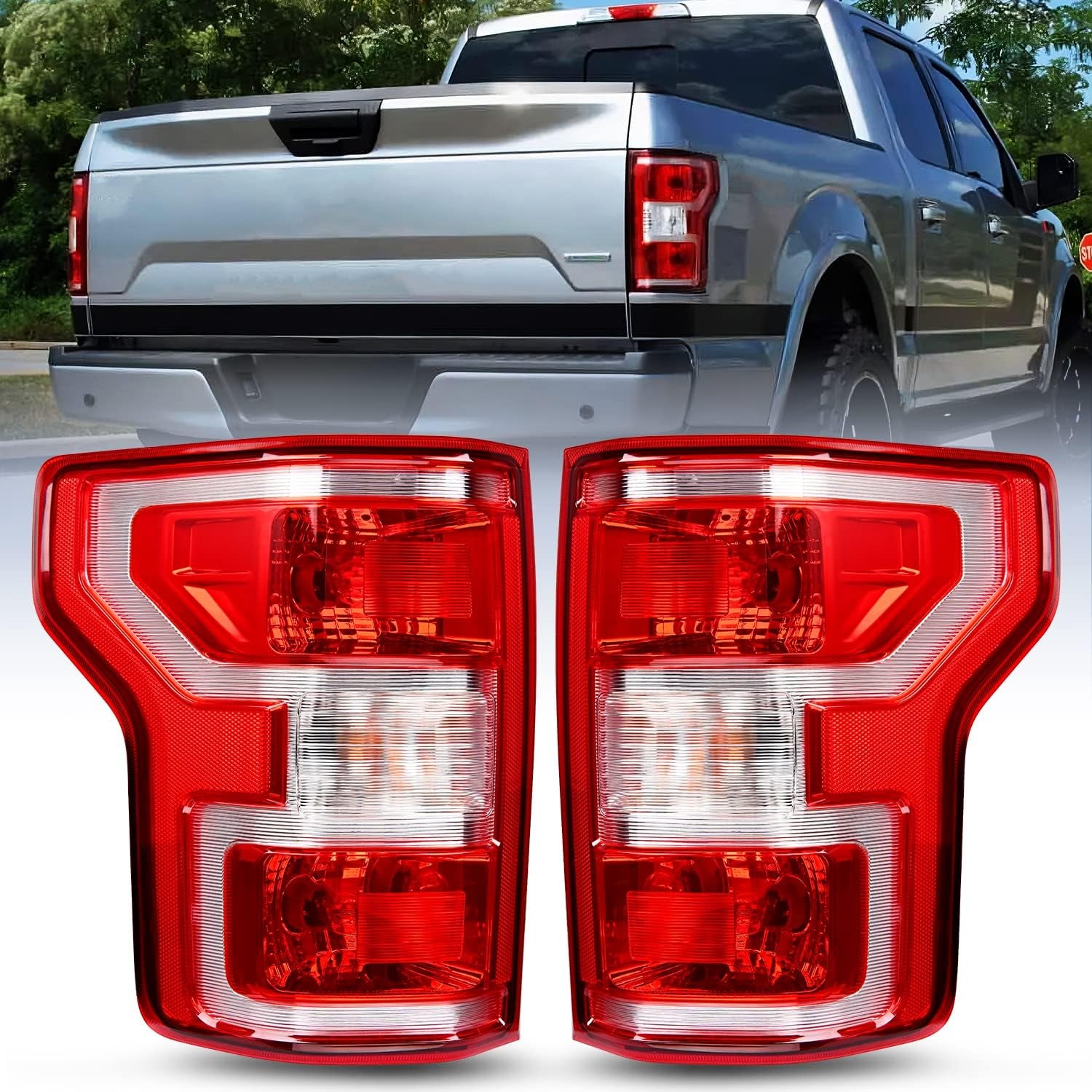 Taillight Assembly Compatible with 2018 2019 2020 Ford F150 F-150 Pickup Truck Tail Light Rear Lamp Replacement OE Style Red Housing with Bulbs and Harness Driver and Passenger Side