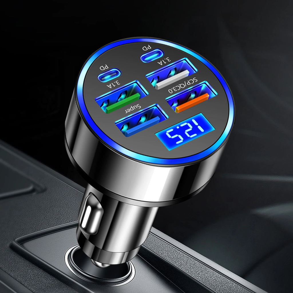 100W 6 Ports USB C Car Phone Charger Adapter 4USB 2PD Car Charger Adapter Fast Charger for Smart Phone & Tablets Charging