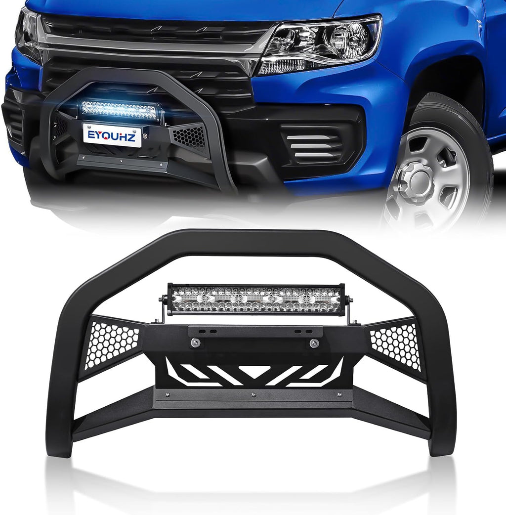 Bull Bar with LED Light & License Plate Frame Compatible with 2015-2022 Chevy Colorado & GMC Canyon Front Brush Guard, Truck Guard Grille, Bumper Push Bar (Include Light Mount & Skid Plate)