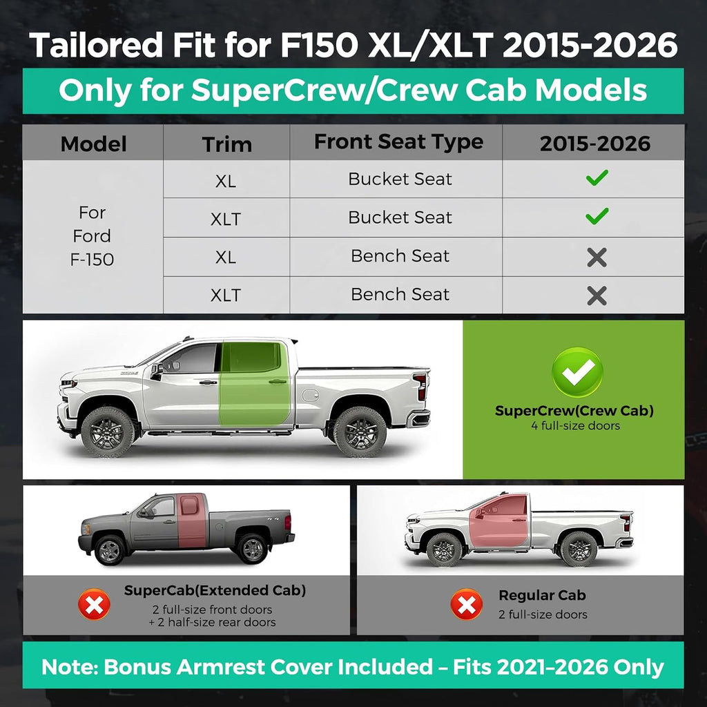 ® for Ford F150 Seat Covers: 2015-2026 Supercrew/Crew Cab, Full Set Faux Leather Truck Seat Covers for F-150 XL XLT, Car Accessories Custom Fit Pickup Seat Protectors for Ford F 150, Black/Blue