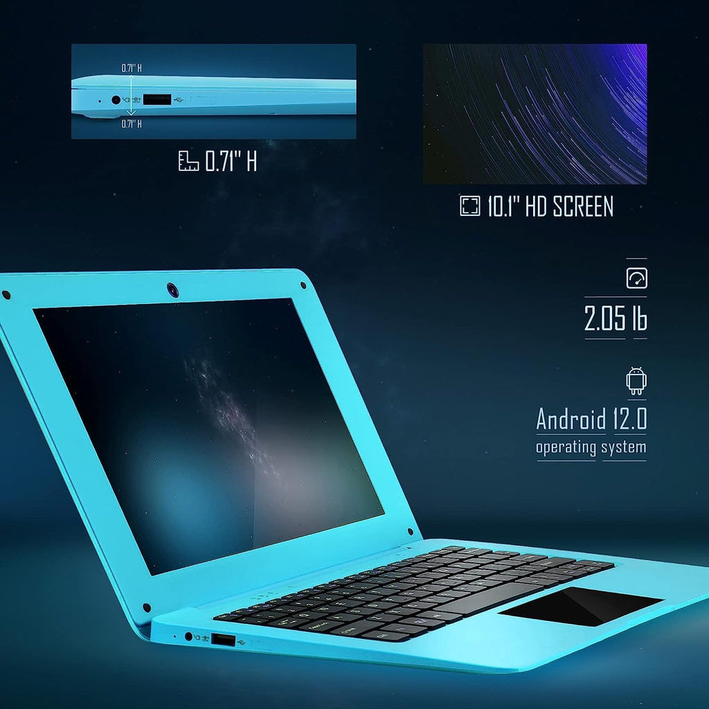 Laptop Computer- 10.1" Inch Kids Laptop Computer Powered by Android 12.0 -Quad Core Processor- 2+64Gb Rom-Camera- Bluetooth- 2*USB- Wifi- Blue