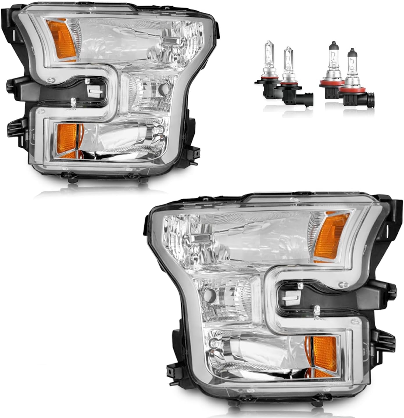 Headlights Assembly W/Bulbs for 2015 2016 2017 Ford F150, Headlamp for 2015-2017 Ford F150 Replacement Driver & Passenger