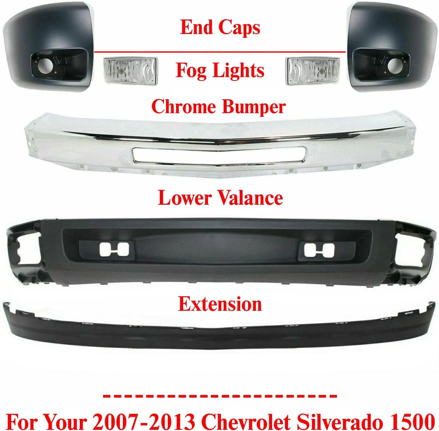 New Front Bumper Chrome Steel + Lower Valance + Extension Textured + Bumper Ends Primed + Fog Lights Right & Left Side Direct Replacement for Chevrolet Silverado 1500 2009-2013